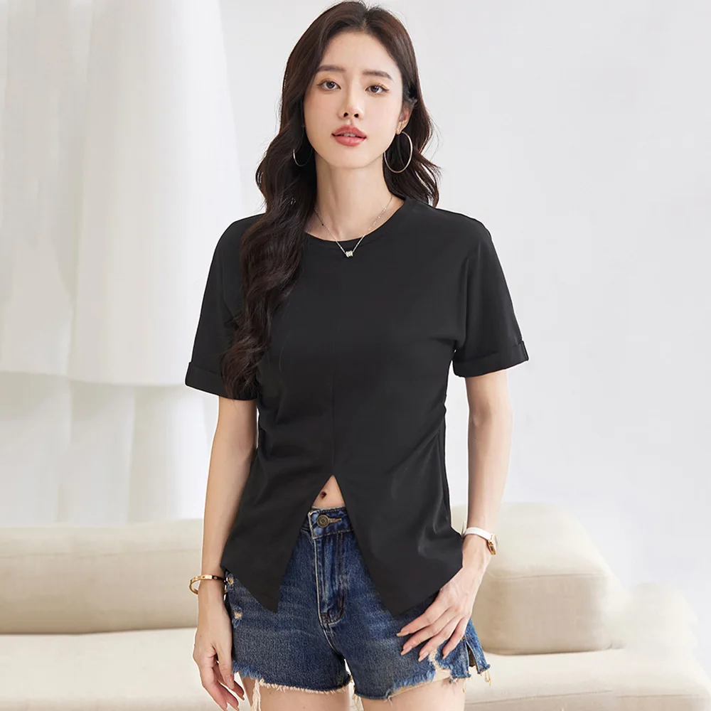 New Women Summer Split Design T-shirt Fashion O-Neck Short Sleeve Loose Cotton T-shirt Casual Simplicity Easy match T-shirt
New Women Summer Split Design T-shirt Fashion O-Neck Short Sleeve Loose Cotton T-shirt Casual Simplicity Easy match T-shirt
