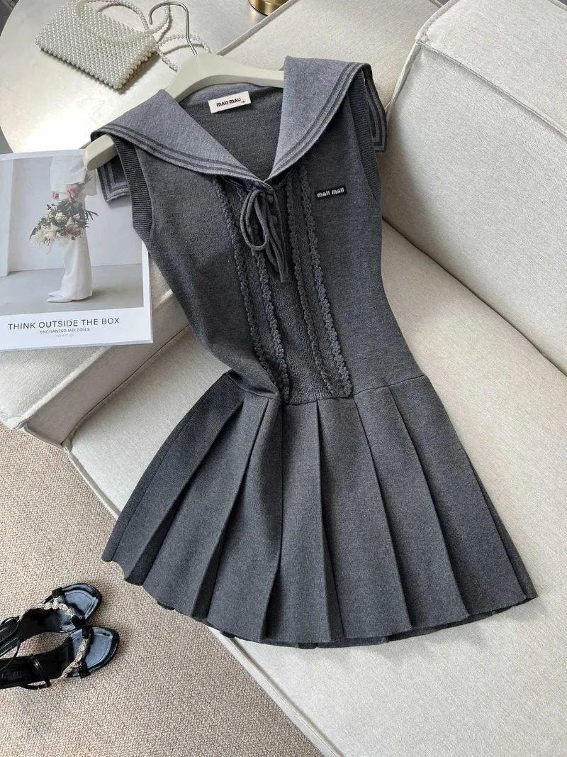 Sweet Preppy Style Sleeveless Sailor Collar A-line Short Skirt Women Clothes Summer Dresses Vintage Gray Lace Knit Pleated Dress
Sweet Preppy Style Sleeveless Sailor Collar A-line Short Skirt Women Clothes Summer Dresses Vintage Gray Lace Knit Pleated Dress