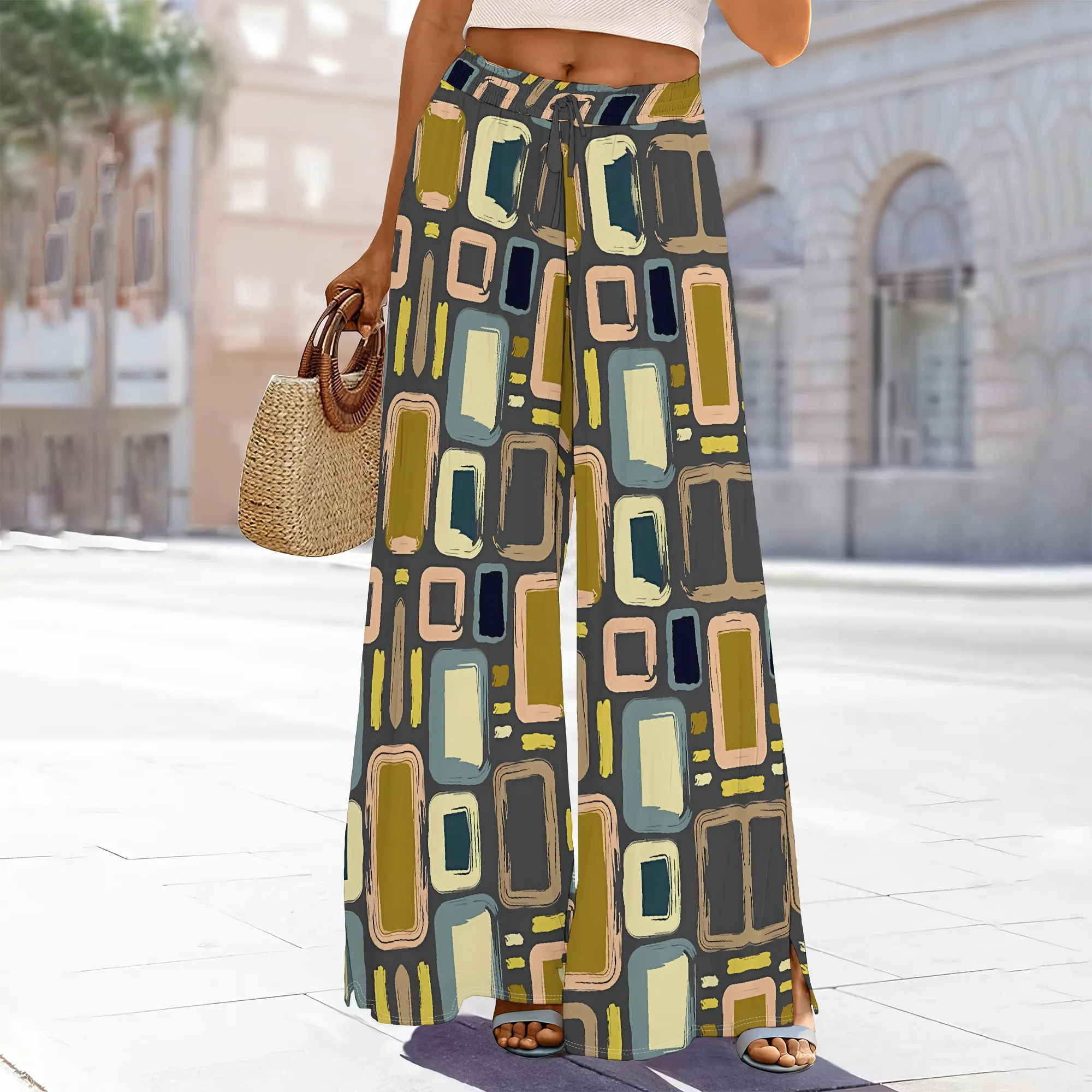 Women's High-Waisted Floral Wide-Leg Pants Adjustable Elastic Waist Pockets Slit Polyester Vacation Trendy 
Women's High-Waisted Floral Wide-Leg Pants Adjustable Elastic Waist Pockets Slit Polyester Vacation Trendy