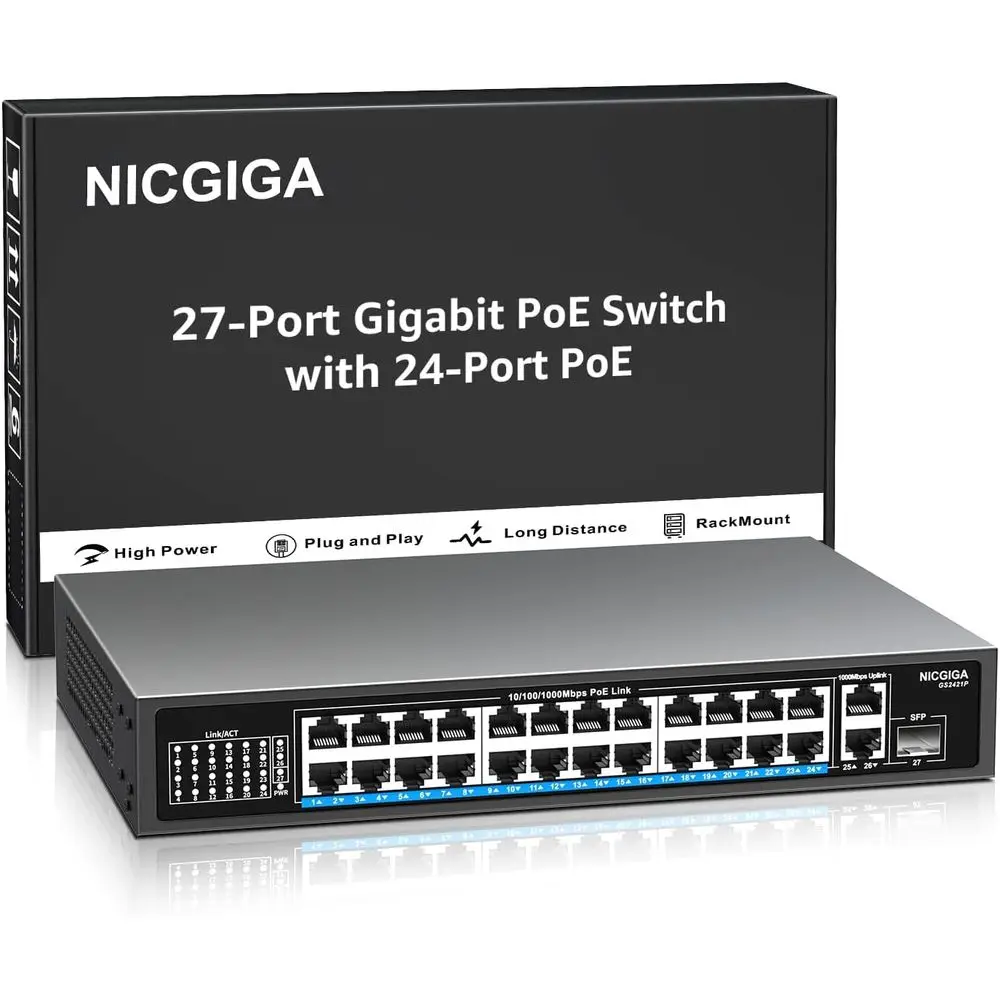 24-Port Gigabit PoE+ Switch with 300W, 2x Gigabit SFP Ports, Sturdy Metal Housing, Plug-and-Play, Unmanaged PoE Switch
24-Port Gigabit PoE+ Switch with 300W, 2x Gigabit SFP Ports, Sturdy Metal Housing, Plug-and-Play, Unmanaged PoE Switch