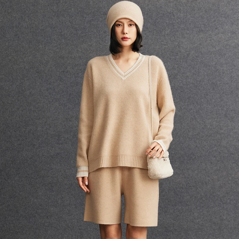 Women 100% Cashmere Loose Sweater Autumn Winter V-neck Thickness Color Block Pullover Cashmere Knitwear Simple Large Size Tops
Women 100% Cashmere Loose Sweater Autumn Winter V-neck Thickness Color Block Pullover Cashmere Knitwear Simple Large Size Tops