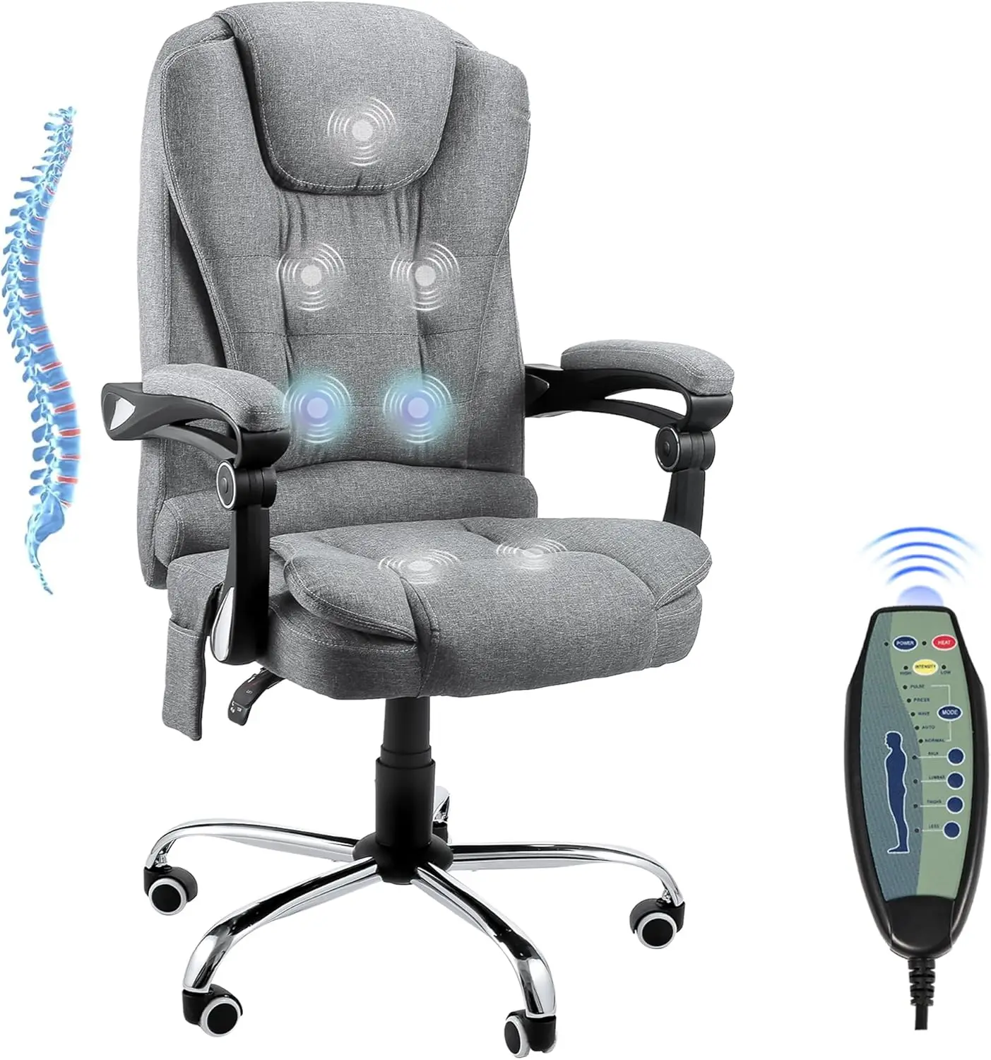 Modern Executive Office Chair With Massage & Heat Function, Reclining, Grey Fabric
Modern Executive Office Chair With Massage & Heat Function, Reclining, Grey Fabric