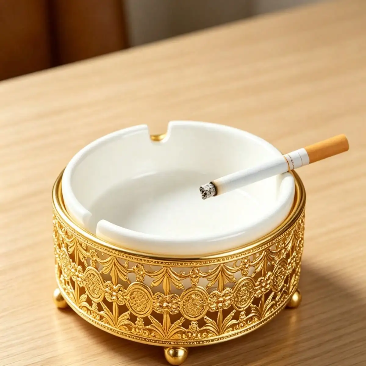 Luxury Round White Ceramic Ashtray With Gold Vintage Ornate Cutout Metal Frame, Decorative Cigarette Ashtray With Ball Feet For Home Living Room Office Bar Coffee Table Desktop Decor
Luxury Round White Ceramic Ashtray With Gold Vintage Ornate Cutout Metal Frame, Decorative Cigarette Ashtray With Ball Feet For Home Living Room Office Bar Coffee Table Desktop Decor
