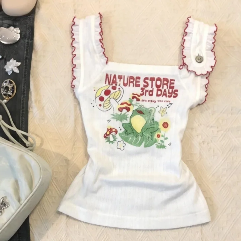 Summer Cartoon Print Red Ruffle Strap Camisole Women Y2K Kawaii Square Neck Slim Fit Crop Tops Sweet Fashion Spice Vest New
Summer Cartoon Print Red Ruffle Strap Camisole Women Y2K Kawaii Square Neck Slim Fit Crop Tops Sweet Fashion Spice Vest New