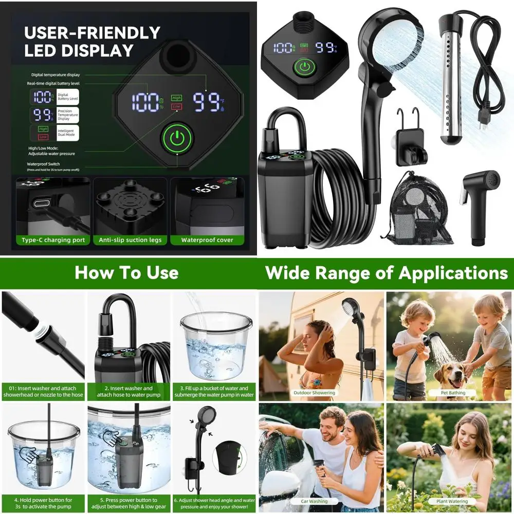 Portable Rechargeable Camping Shower with 6000mAh Battery, 4 Spray Modes, IPX7 Waterproof for Outdoors, Travel, and Pets
Portable Rechargeable Camping Shower with 6000mAh Battery, 4 Spray Modes, IPX7 Waterproof for Outdoors, Travel, and Pets