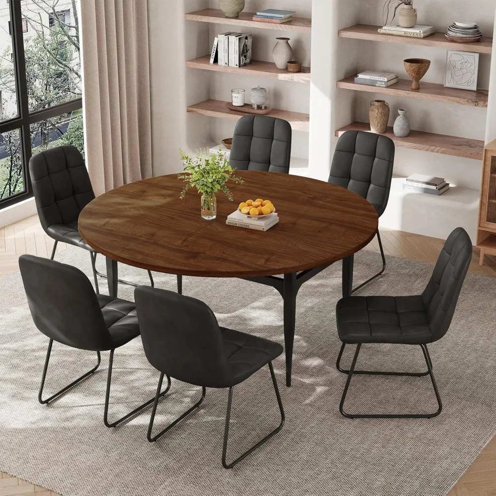 Expandable Folding Dining Table Set, 55-Inch Round to Square Table with 6 Upholstered Chairs, Metal Frame, for Dining Room or 
Expandable Folding Dining Table Set, 55-Inch Round to Square Table with 6 Upholstered Chairs, Metal Frame, for Dining Room or