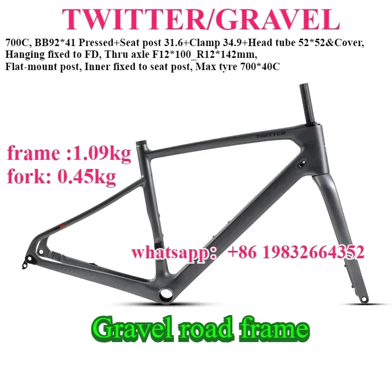 TWITTER новая велосипедная рама из углеродного волокна Gravel V1 T1000 700X40C, дорожная рама с гидравлическим дисковым тормозом, новое покрытие 12*148 мм, открытая передача
TWITTER новая велосипедная рама из углеродного волокна Gravel V1 T1000 700X40C, дорожная рама с гидравлическим дисковым тормозом, новое покрытие 12*148 мм, открытая передача