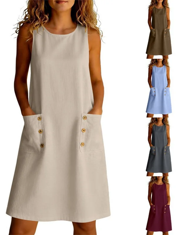 Lazy Style Solid Linen Sleeveless Midi Dress, Loose Slimming Straight Tank Dress with Decorative Side Pockets
Lazy Style Solid Linen Sleeveless Midi Dress, Loose Slimming Straight Tank Dress with Decorative Side Pockets