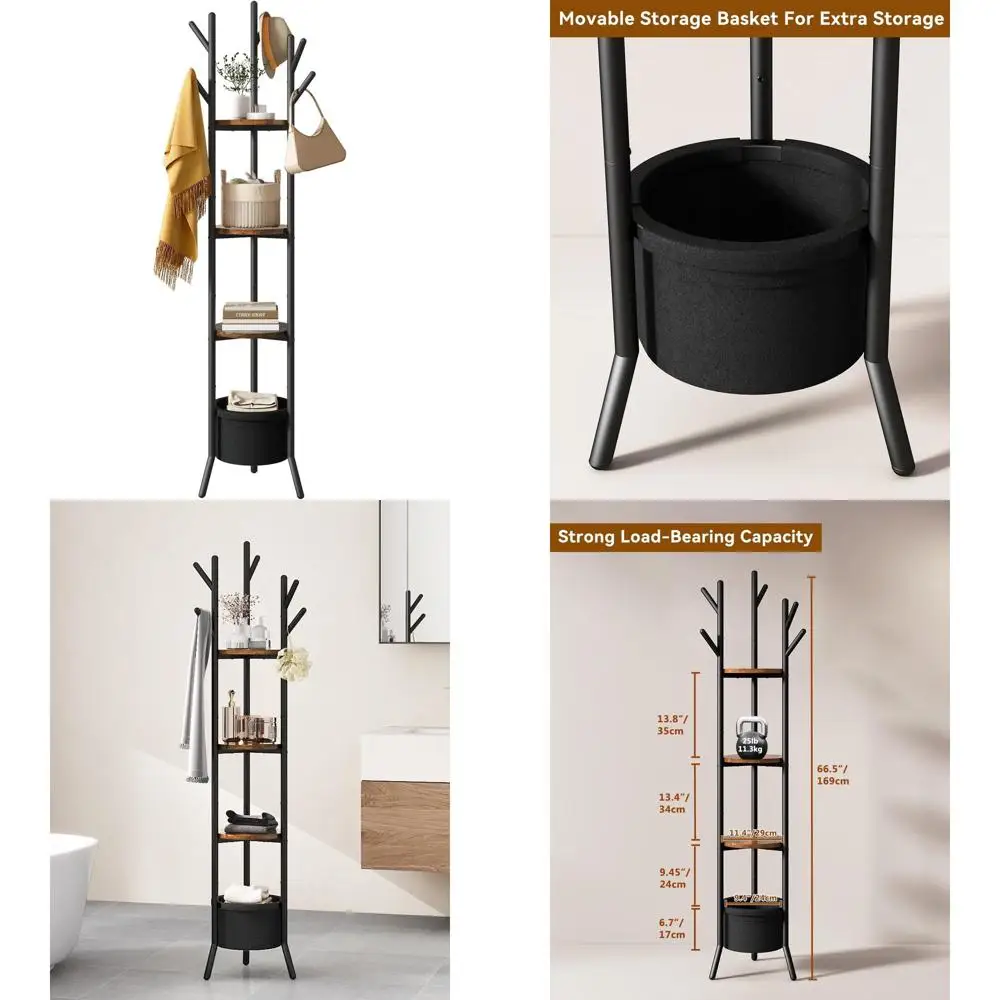 Rustic Brown Wooden Coat Rack with 3 Shelves and Fabric Basket for Hallway or Bedroom Storage
Rustic Brown Wooden Coat Rack with 3 Shelves and Fabric Basket for Hallway or Bedroom Storage