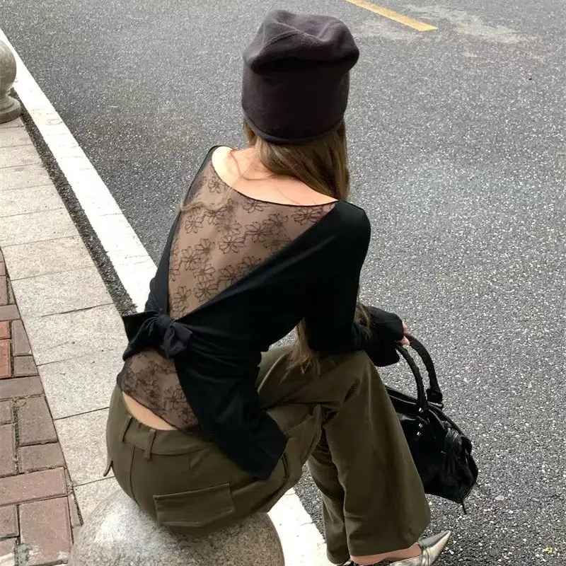 Long Sleeve T-Shirt Lace Backless Bow Autumn Simple Waist Slimming Versatile Hot Girl Tops Outerwear Ins
Long Sleeve T-Shirt Lace Backless Bow Autumn Simple Waist Slimming Versatile Hot Girl Tops Outerwear Ins