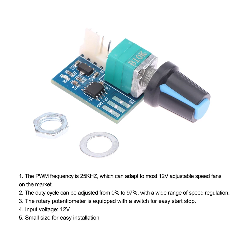 DC 12V Single Channel Fan Speed Controller PWM Speed Controller 25KHZ Motor Control With Rotary Potentiometer to Adjust
DC 12V Single Channel Fan Speed Controller PWM Speed Controller 25KHZ Motor Control With Rotary Potentiometer to Adjust