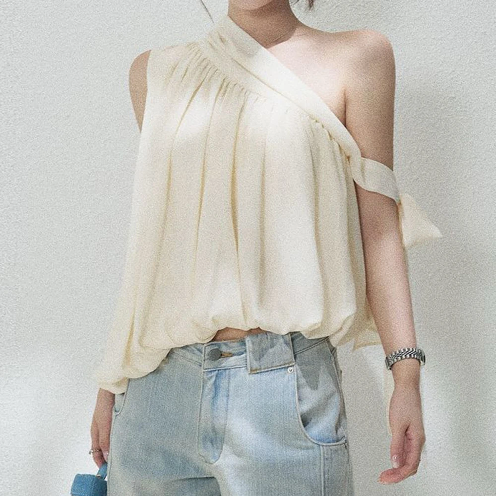 Summer loose slimming design, French slanted shoulders, irregular streamers, chiffon shirt, women's top
Summer loose slimming design, French slanted shoulders, irregular streamers, chiffon shirt, women's top
