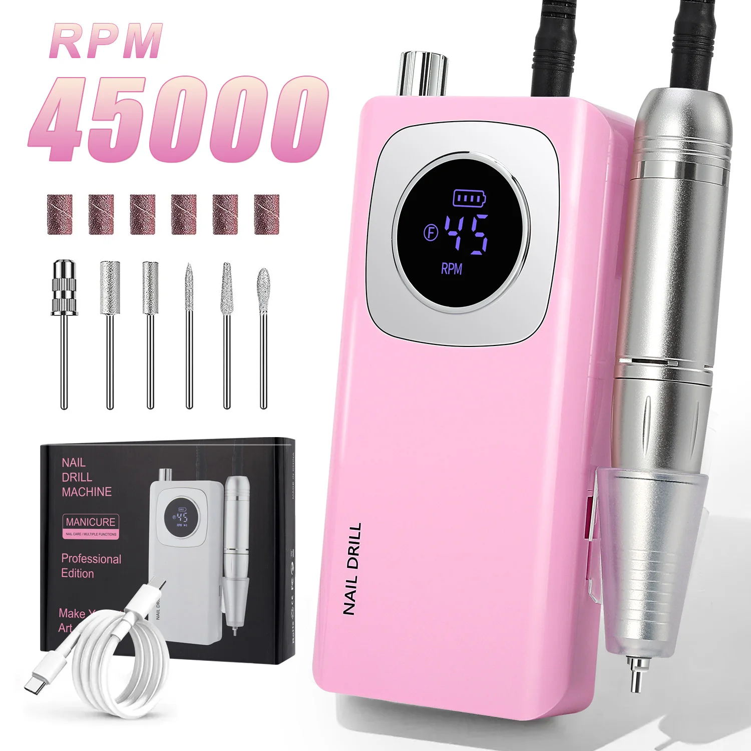 Машинка для маникюра с аккумулятором, 45000 об./мин.
Машинка для маникюра с аккумулятором, 45000 об./мин.