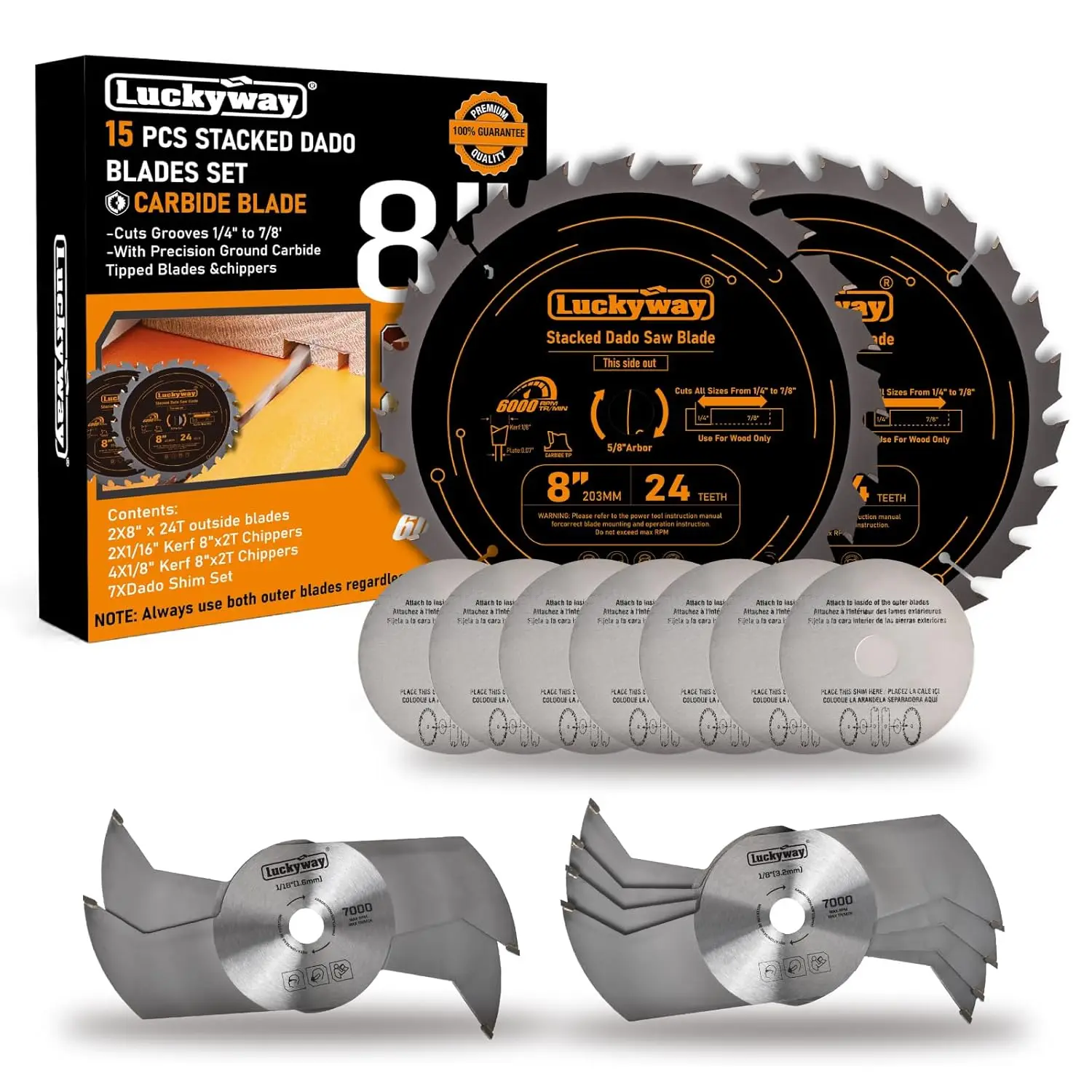 8 Inch Stacked Dado Blades for 10" Table Saw, 24 Carbide Tip Tooth, Cutting Width 1/4" to 7/8", 5/8" Arbor, 15 Pieces
8 Inch Stacked Dado Blades for 10" Table Saw, 24 Carbide Tip Tooth, Cutting Width 1/4" to 7/8", 5/8" Arbor, 15 Pieces