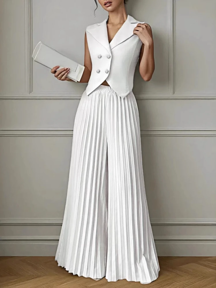 Fashion V-neck Sleeveless Solid Color Double-breasted Vest Top Pleated Wide-leg Pant Set for Women Office Lady Two Piece Set
Fashion V-neck Sleeveless Solid Color Double-breasted Vest Top Pleated Wide-leg Pant Set for Women Office Lady Two Piece Set
