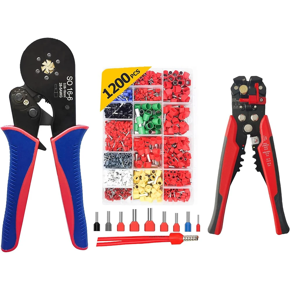 AWG 28-5 (0.08-16mm²)16-6 Wire Ferrule Crimper with 1200 PCS Single-Line and Double Wire Ferrule Set and wire stripper Tool kit
AWG 28-5 (0.08-16mm²)16-6 Wire Ferrule Crimper with 1200 PCS Single-Line and Double Wire Ferrule Set and wire stripper Tool kit