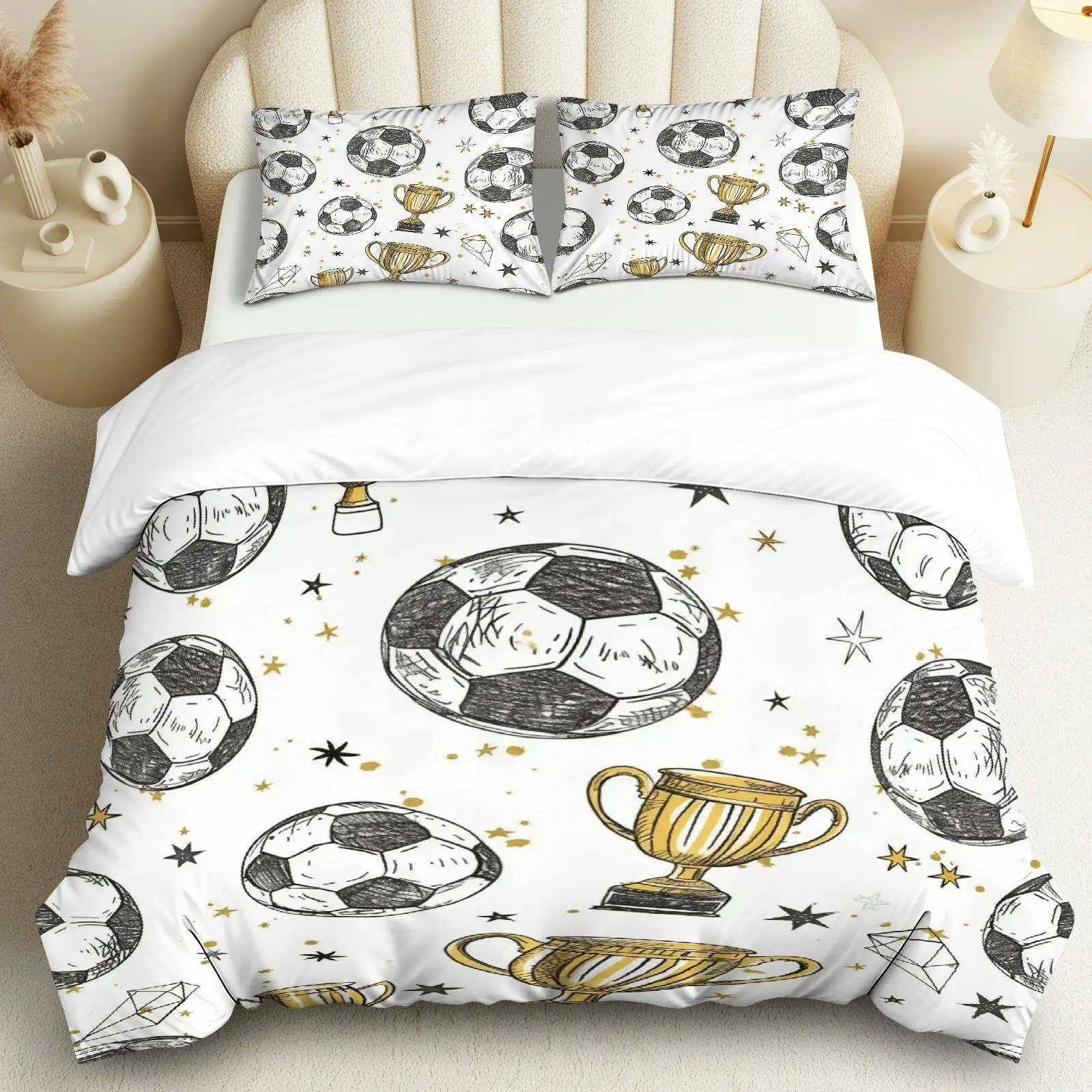 3PCS Duvet Cover, 1 Duvet+2 Pillowcases(Without filler), Soccer Trophy Pattern Suitable for decoration Bedroom, Guestroom.
3PCS Duvet Cover, 1 Duvet+2 Pillowcases(Without filler), Soccer Trophy Pattern Suitable for decoration Bedroom, Guestroom.