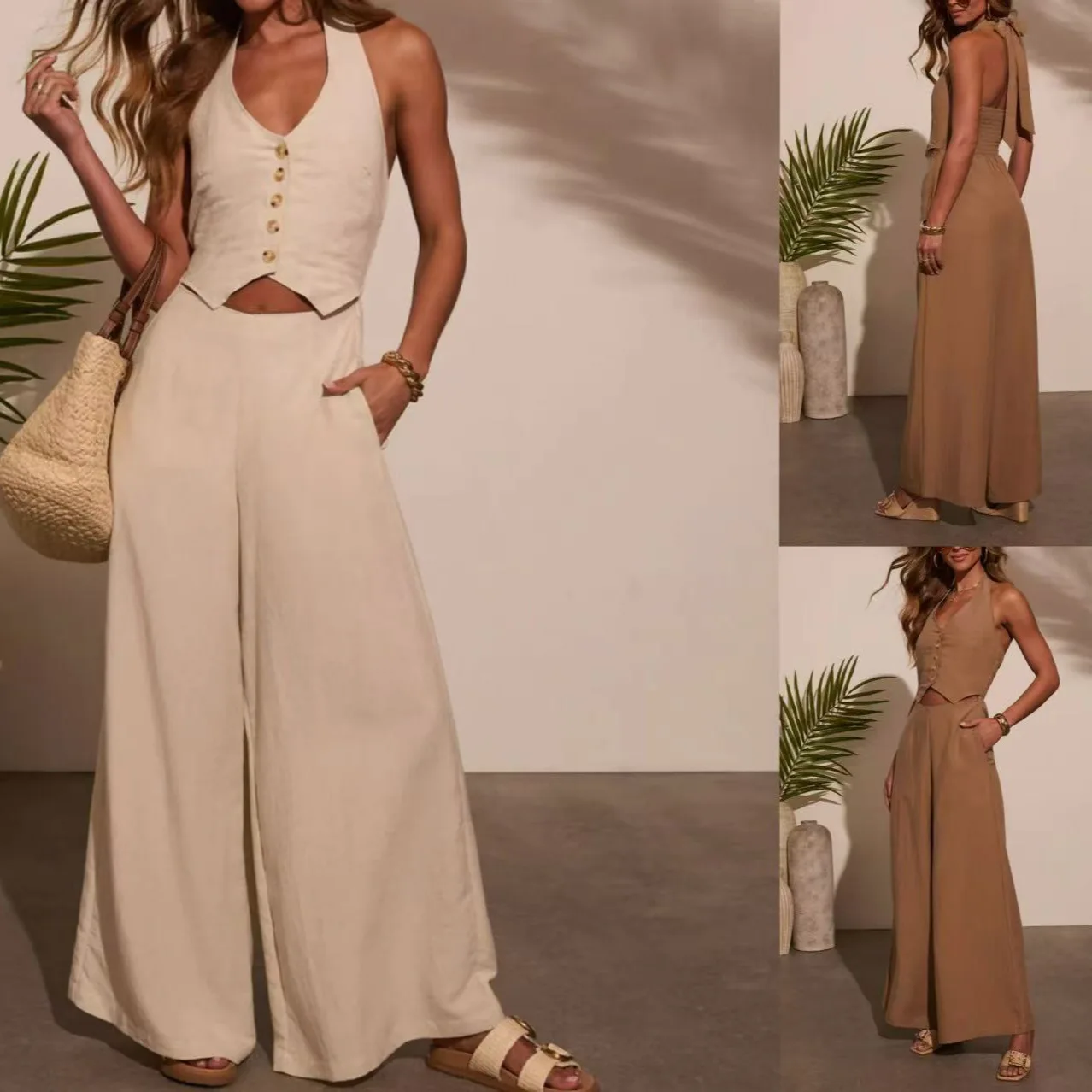 2025 Spring/Summer New Women's Fashion Trend Solid Color Flax Sleeveless Vest Wide Leg Jumpsuit Pants
2025 Spring/Summer New Women's Fashion Trend Solid Color Flax Sleeveless Vest Wide Leg Jumpsuit Pants