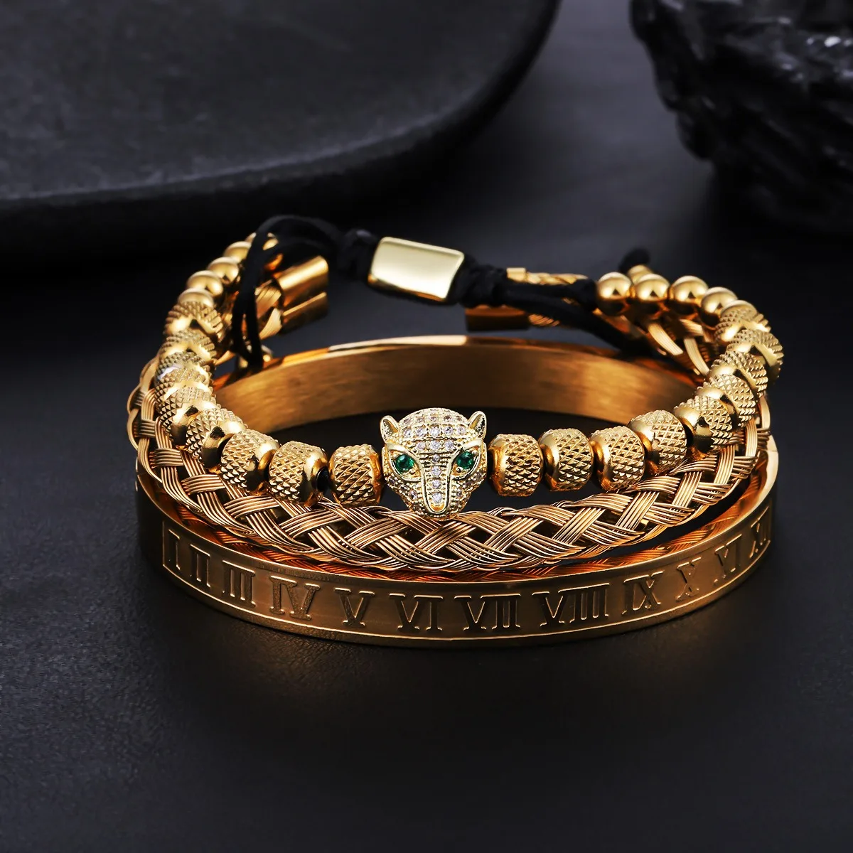 3pcs/set Hip Hop Men Pave CZ Leopard Head Roman Numeral Bracelet Stainless Steel Classic Handmade Braiding Bangles Jewelry
3pcs/set Hip Hop Men Pave CZ Leopard Head Roman Numeral Bracelet Stainless Steel Classic Handmade Braiding Bangles Jewelry