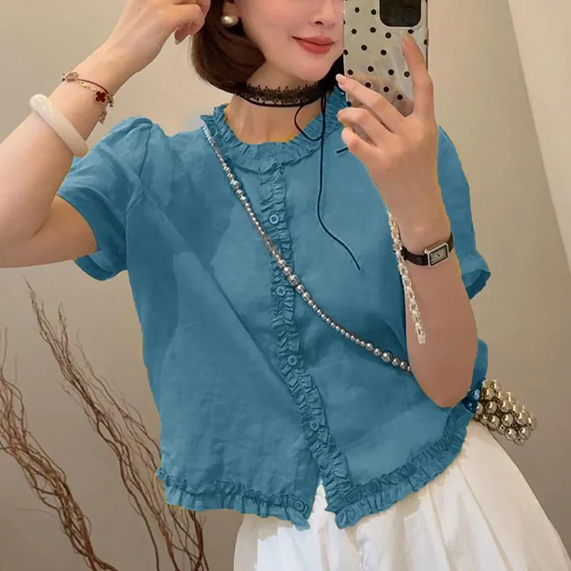 Women's Ruffle Trim Short Sleeve Shirt - Loose Fit Puff Sleeve Casual Blouse
Women's Ruffle Trim Short Sleeve Shirt - Loose Fit Puff Sleeve Casual Blouse