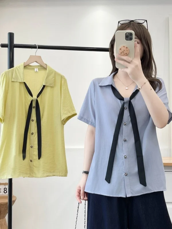 Loose Women's Summer Shirt with Sash Flip Collar Short Sleeve Versatile Top Korean Style College Style Large Size 2026
Loose Women's Summer Shirt with Sash Flip Collar Short Sleeve Versatile Top Korean Style College Style Large Size 2026