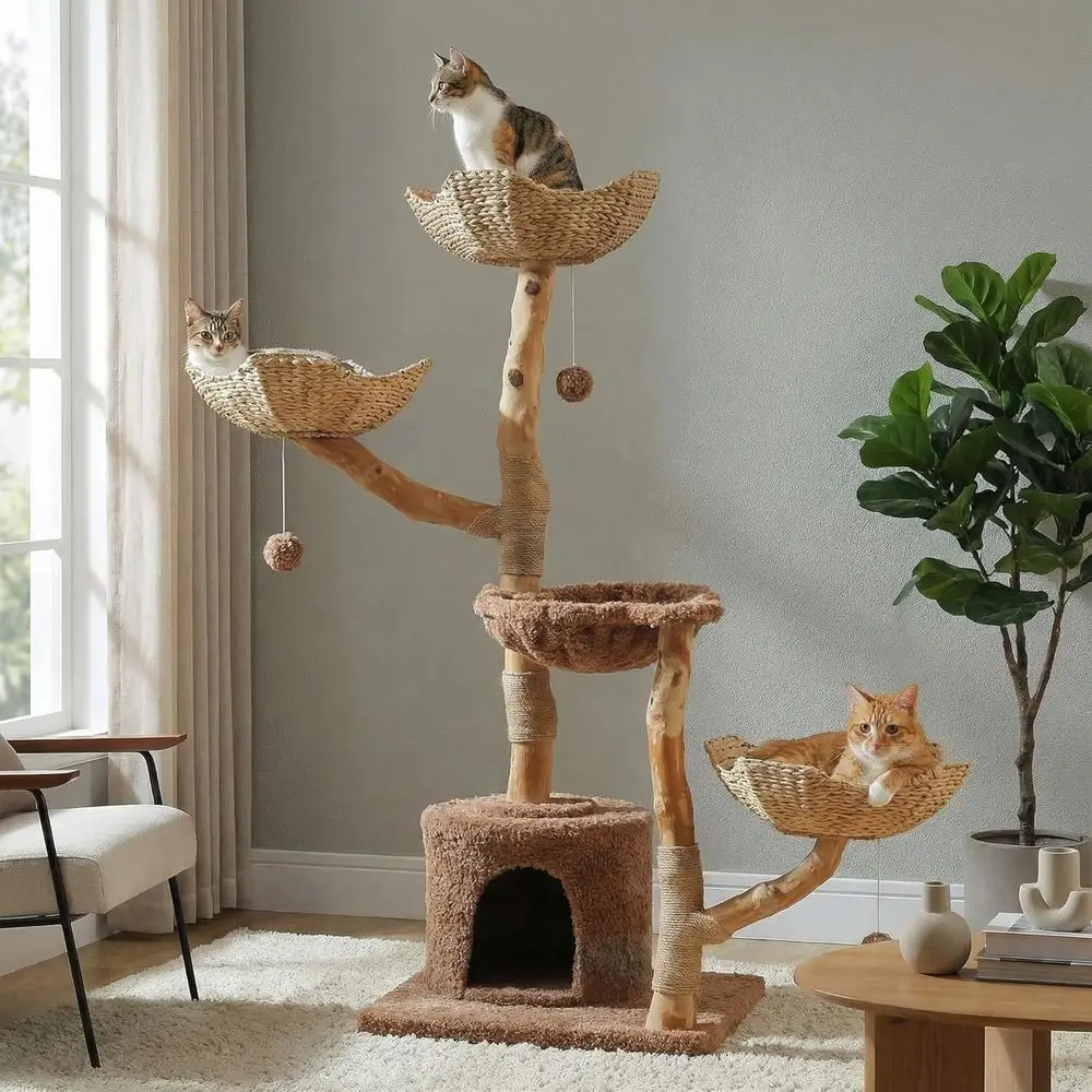 59 Natural Branch Cat Tree Tower with Wicker Baskets, Condo, Hammock, and Scratching Post for Large Cats - Luxurious Boho Style
59 Natural Branch Cat Tree Tower with Wicker Baskets, Condo, Hammock, and Scratching Post for Large Cats - Luxurious Boho Style