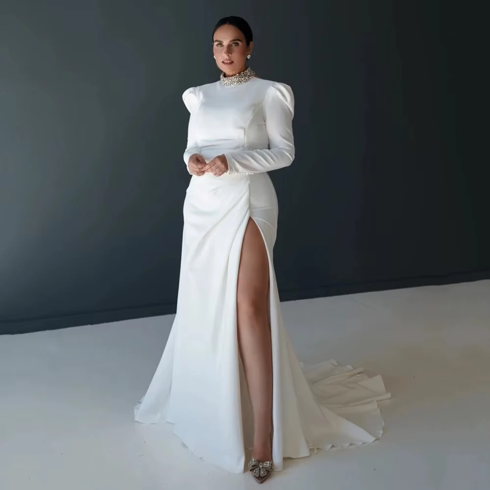 Customized Mermaid Wedding Dresses Plus Size High Neck Long Sleeve Stones High Slit Sweep Train Illusion Back Vestido Bridal Gow
Customized Mermaid Wedding Dresses Plus Size High Neck Long Sleeve Stones High Slit Sweep Train Illusion Back Vestido Bridal Gow