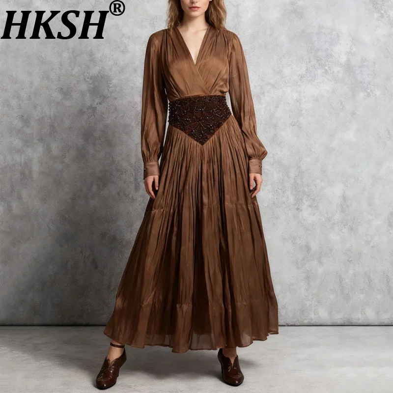 HKSH Women Elegant Dress V-neck Long Sleeves French Elegant Beaded Waist Cinching Pleated High Street Dresses New Spring HK19561
HKSH Women Elegant Dress V-neck Long Sleeves French Elegant Beaded Waist Cinching Pleated High Street Dresses New Spring HK19561