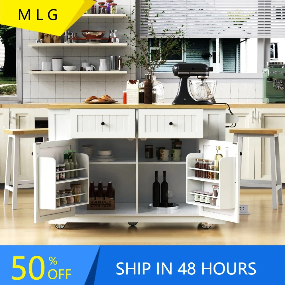 Farmhouse 3 Piece Kitchen Island on Wheels with 2 Bar Stools, Drop Leaf,Power Outlet, Storage Rack & 2 Drawers, 48" W Wide White
Farmhouse 3 Piece Kitchen Island on Wheels with 2 Bar Stools, Drop Leaf,Power Outlet, Storage Rack & 2 Drawers, 48" W Wide White