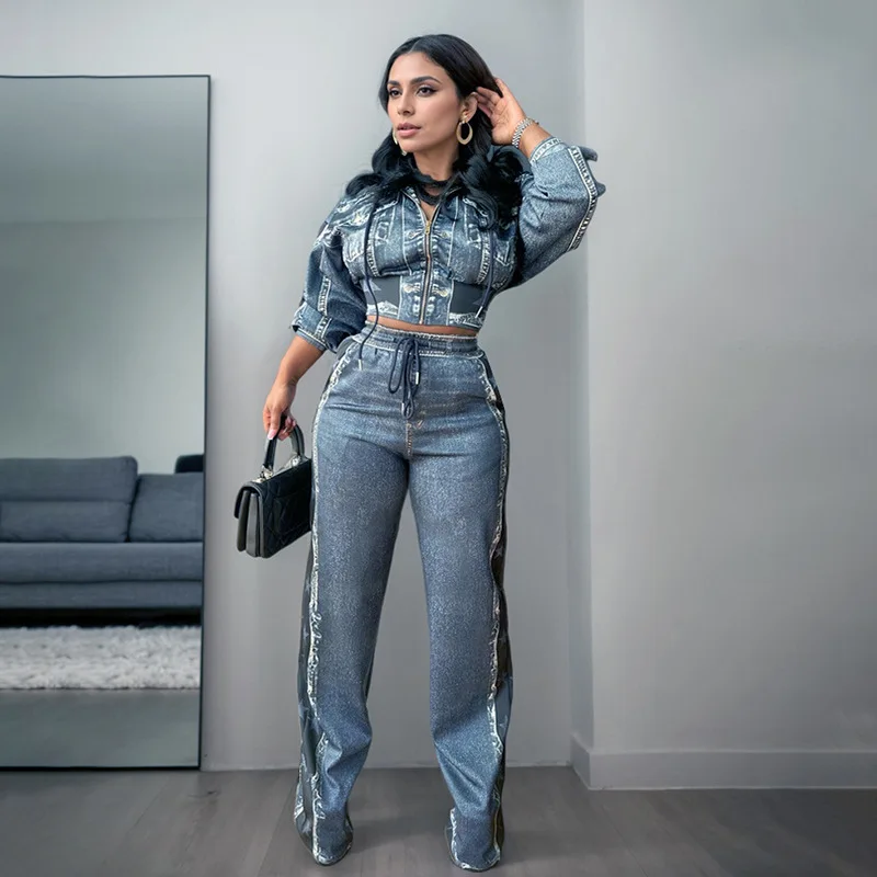 BKLD Fashion Vintage Denim Printed Hooded Zipper Long Sleeve Crop Tops Wide Leg Pants Two Piece Set Women Outfits 2024 Autumn
BKLD Fashion Vintage Denim Printed Hooded Zipper Long Sleeve Crop Tops Wide Leg Pants Two Piece Set Women Outfits 2024 Autumn