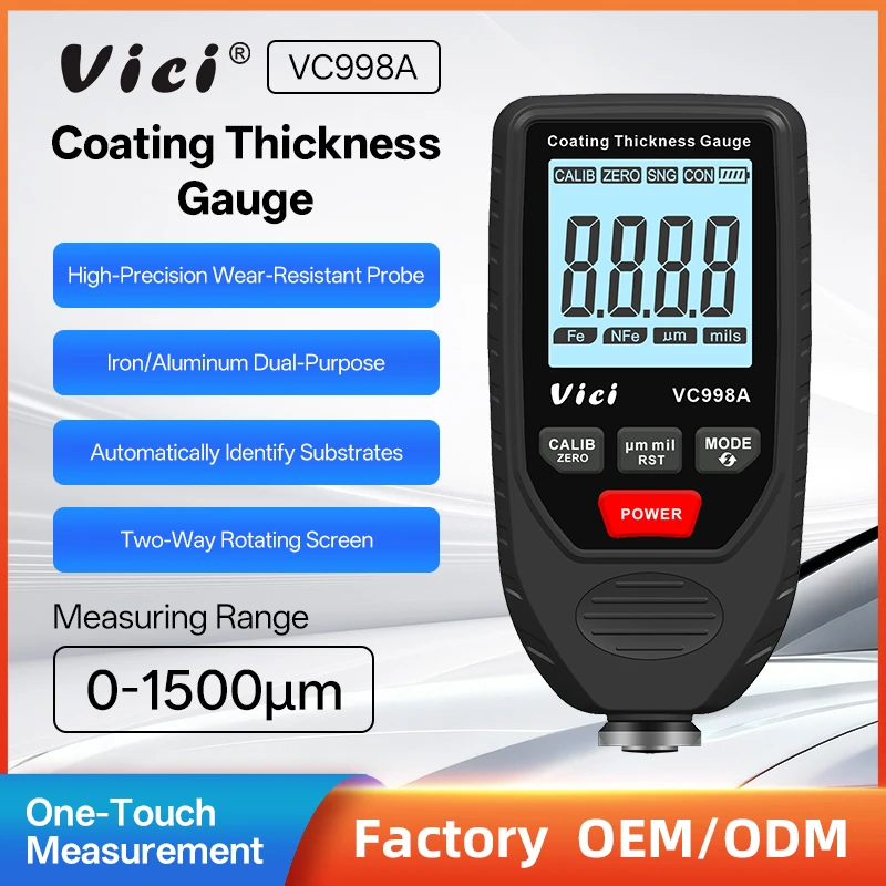 Vici VC998A Coating Thickness Gauge for Iron/Aluminum, 0-1500μm Auto-Base Recognition High Precision Probe 0.5s Fast Measurement
Vici VC998A Coating Thickness Gauge for Iron/Aluminum, 0-1500μm Auto-Base Recognition High Precision Probe 0.5s Fast Measurement