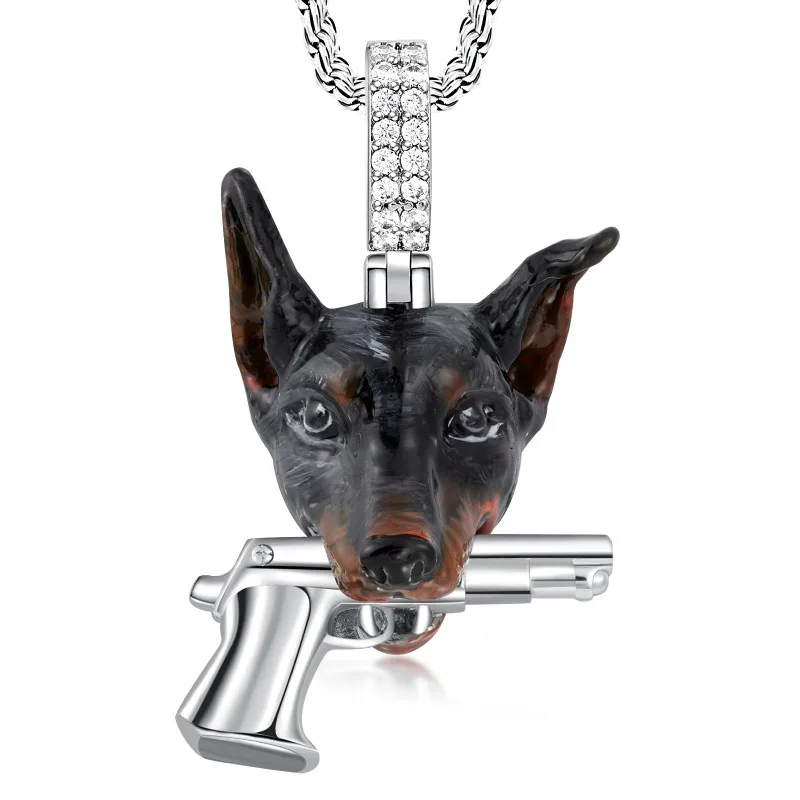 Hip-hop domineering Doberman and woman animal pendant, personalized dog head bite pistol necklace jewelry
Hip-hop domineering Doberman and woman animal pendant, personalized dog head bite pistol necklace jewelry