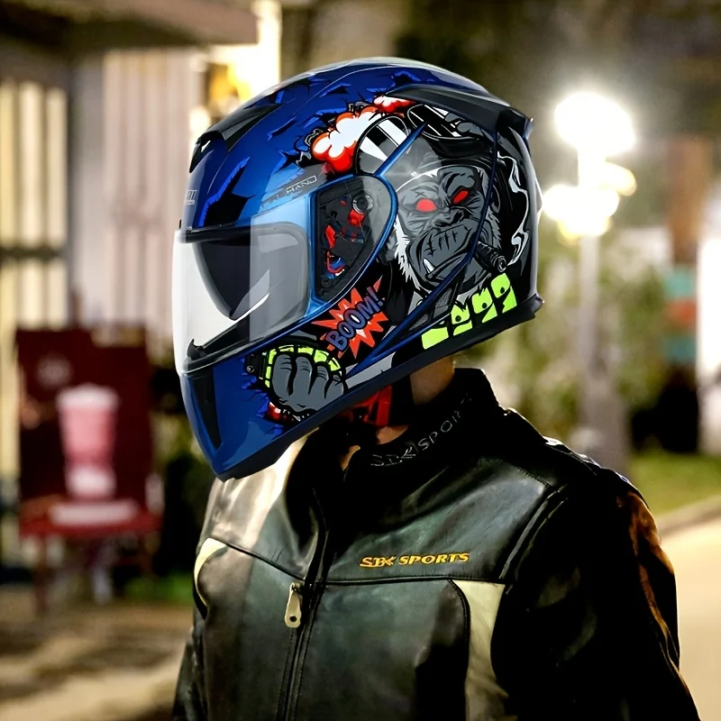 Cool Motorcycle Helmet for Men, Full-Face Motorcycle Helmet with Dual Lenses, Gorilla (Blue)
Cool Motorcycle Helmet for Men, Full-Face Motorcycle Helmet with Dual Lenses, Gorilla (Blue)
