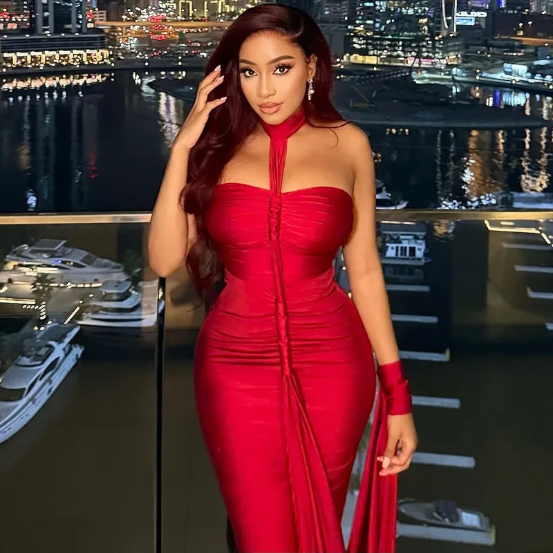 Women's Halter Off Shoulder Sleeveless Ruffled Irregular Dress, Split, Backless, Solid Color, Sexy
Women's Halter Off Shoulder Sleeveless Ruffled Irregular Dress, Split, Backless, Solid Color, Sexy