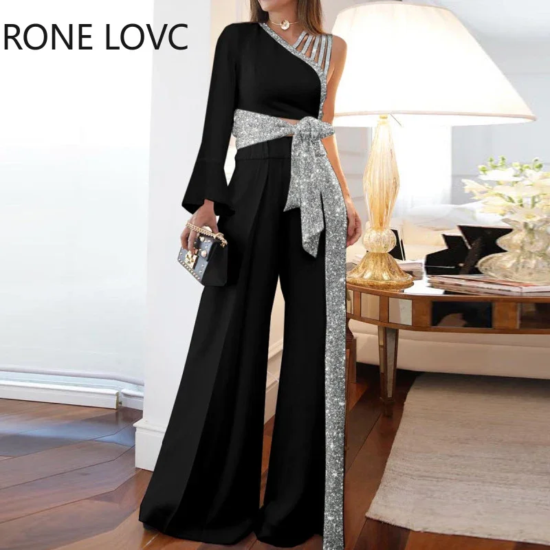 Women Casual Diagonal Collar Sequins One Shoulder Flared Sleeves Patchwork Straight Leg Pants Sets
Women Casual Diagonal Collar Sequins One Shoulder Flared Sleeves Patchwork Straight Leg Pants Sets