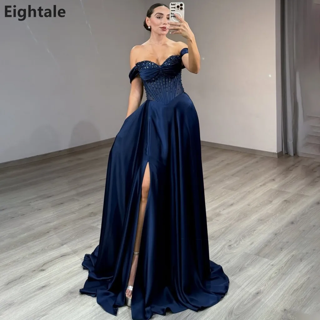 Eightale 2025 Navy Blue A Line Satin Maxi Prom Dress Sweetheart Beads Slit Evening Dress Women Formal Party Gown Robes De Soirée
Eightale 2025 Navy Blue A Line Satin Maxi Prom Dress Sweetheart Beads Slit Evening Dress Women Formal Party Gown Robes De Soirée