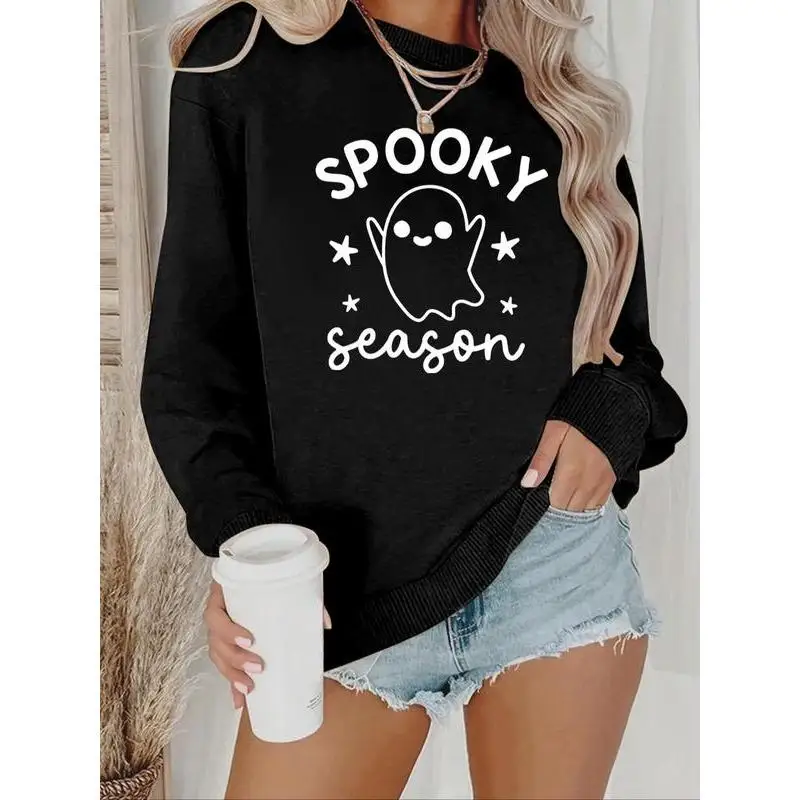 Women's Halloween Sweatshirt, "Spooky Season" Cute Ghost Graphic Print Pullover Tops, Funny Crewneck for Autumn 
Women's Halloween Sweatshirt, "Spooky Season" Cute Ghost Graphic Print Pullover Tops, Funny Crewneck for Autumn