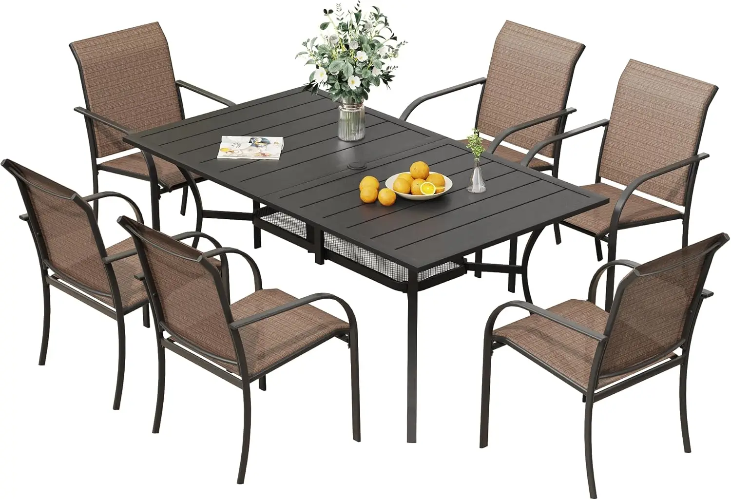 Patio Dining Set For Six Backyard Lawn Garden Outdoor Furniture Metal Table Umbrella Hole Stackable Chairs Brown Black
Patio Dining Set For Six Backyard Lawn Garden Outdoor Furniture Metal Table Umbrella Hole Stackable Chairs Brown Black