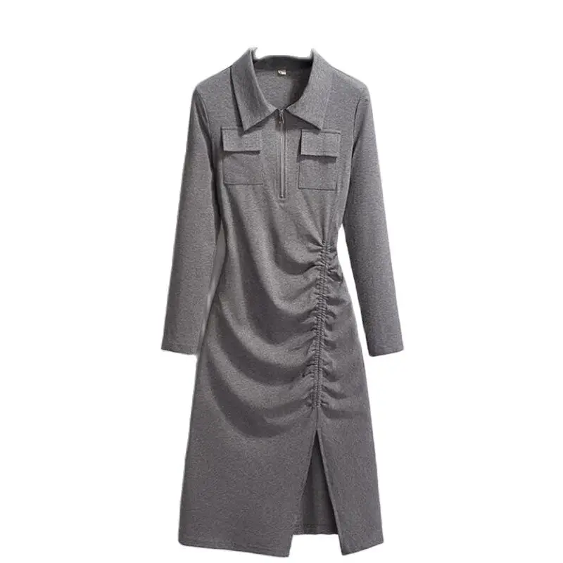 Fashion Polo Collar Dress Women's Dress Vestidos Gray Black Split Elegant Spring Autumn Pleated Long Sleeve Shirt Dresses 2023
Fashion Polo Collar Dress Women's Dress Vestidos Gray Black Split Elegant Spring Autumn Pleated Long Sleeve Shirt Dresses 2023