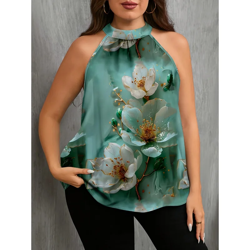 Women'S Plus Size Sleeveless Floral Print Blouse - Elegant High Neck, Summer Fashion Top with Golden Accents, Non-St
Women'S Plus Size Sleeveless Floral Print Blouse - Elegant High Neck, Summer Fashion Top with Golden Accents, Non-St