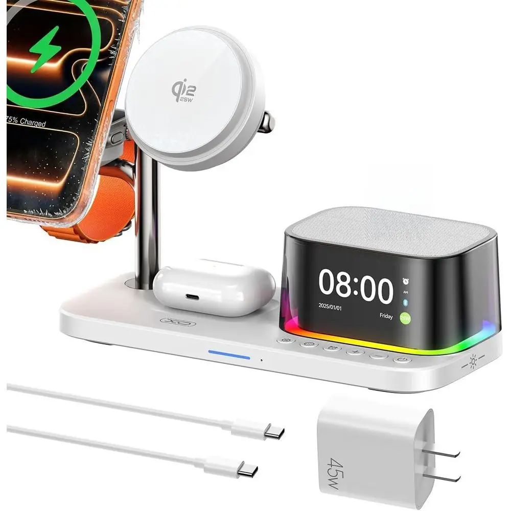 25W Fast Charging Station with Cooling Fan, 5-in-1 Magnetic Wireless Charger, Speaker, and Alarm for iPhone/Watch/AirPods (45W A
25W Fast Charging Station with Cooling Fan, 5-in-1 Magnetic Wireless Charger, Speaker, and Alarm for iPhone/Watch/AirPods (45W A