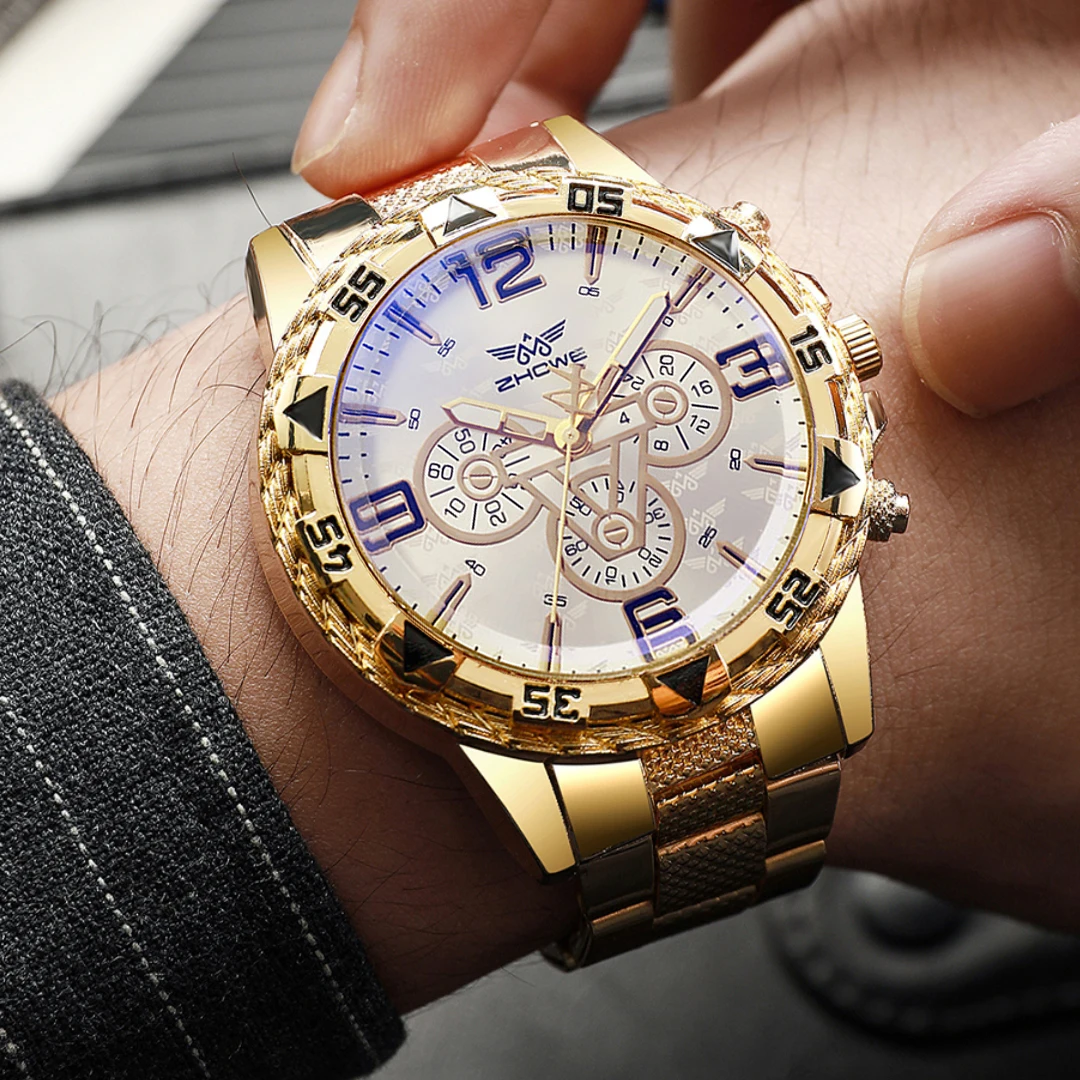 Large dial gold watch, blue light men's watch, men's watch, steel strap quartz watch
Large dial gold watch, blue light men's watch, men's watch, steel strap quartz watch