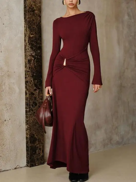 Winter New Women's Fashion Solid Color Round Neck Slimming Dress Metal Decorative Long Sleeve Dress Gorgeous and Elegant Dress
Winter New Women's Fashion Solid Color Round Neck Slimming Dress Metal Decorative Long Sleeve Dress Gorgeous and Elegant Dress