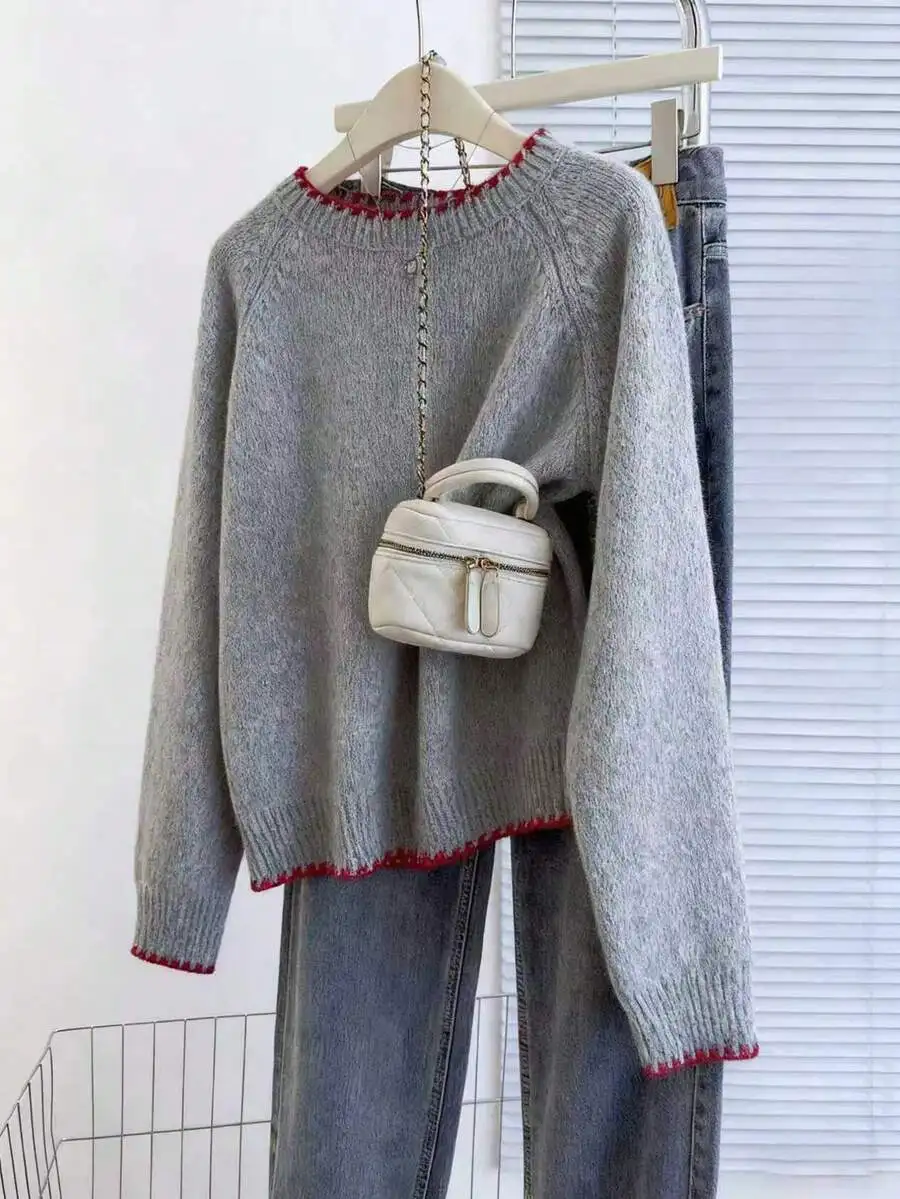 Casual Loose Round Neck Long Sleeve Knit Sweater With Contrast Trim Women Autumn Winter Pullover
Casual Loose Round Neck Long Sleeve Knit Sweater With Contrast Trim Women Autumn Winter Pullover