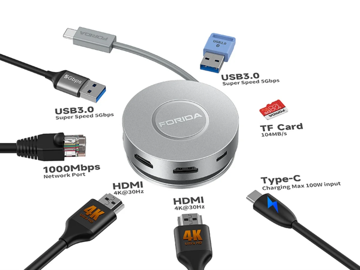 FORIDA Round Silver 7in1 USB-концентратор типа C для Dual HDMI 4K 30 Гц USB3.0 5 Гбит/с TF-карта PD 100 Вт Адаптер для зарядки для ноутбука Macbook PC
FORIDA Round Silver 7in1 USB-концентратор типа C для Dual HDMI 4K 30 Гц USB3.0 5 Гбит/с TF-карта PD 100 Вт Адаптер для зарядки для ноутбука Macbook PC