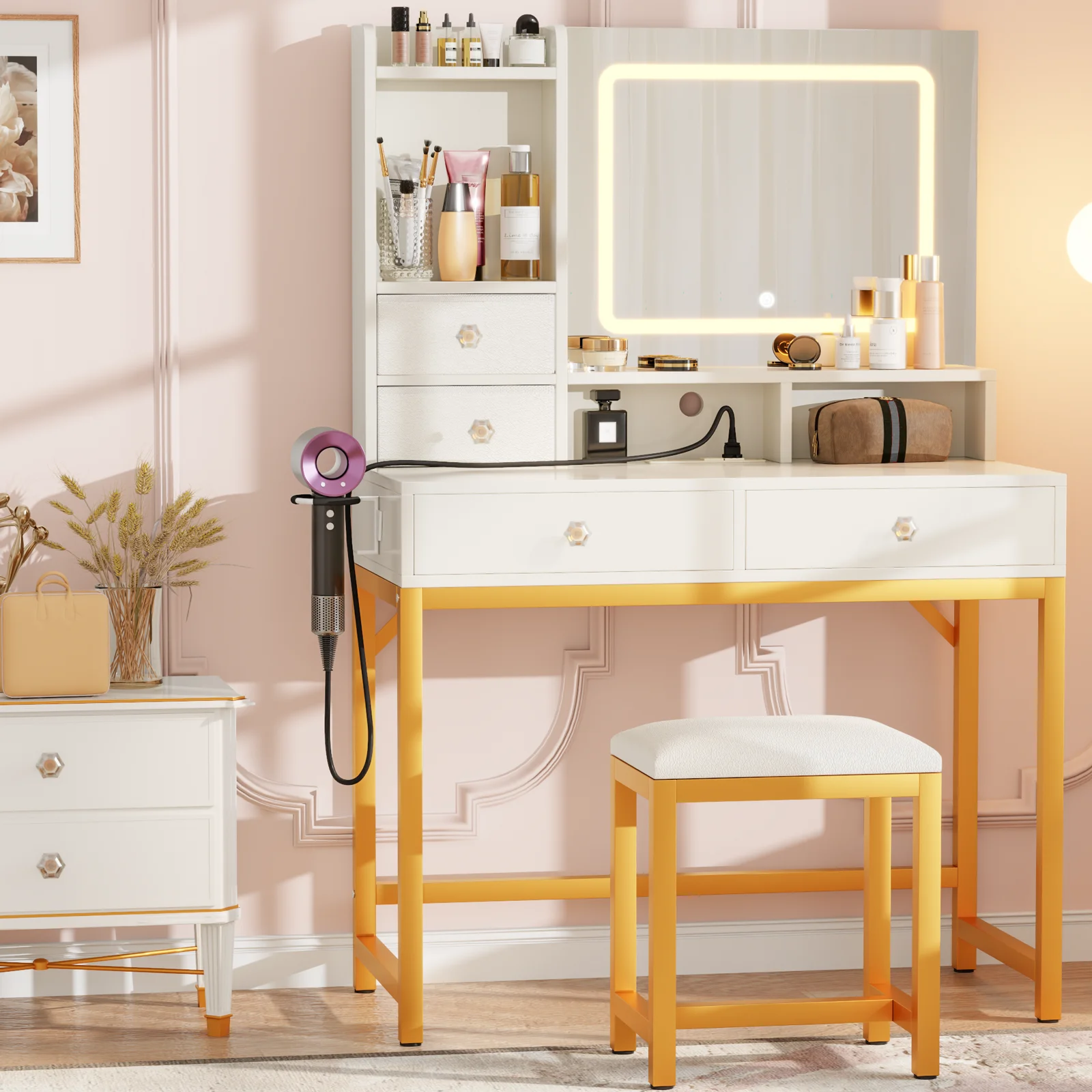 Satifur Vanity Desk with LED Lights Mirror and Power Outlets, Small Makeup Vanity Desk Stool Set with 4 Drawers, Dressing Table
Satifur Vanity Desk with LED Lights Mirror and Power Outlets, Small Makeup Vanity Desk Stool Set with 4 Drawers, Dressing Table