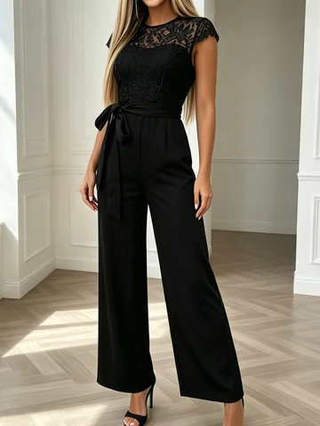 Women Elegant Black Jumpsuit Lace Splice Cap Sleeve Belted High Waist Wide Leg Pants Formal Party Romper