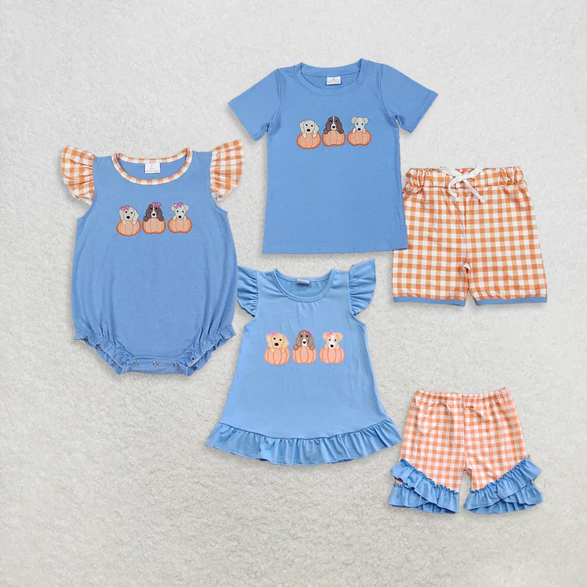 kids clothes set Embroidered Bow Pumpkin Puppy Blue Fly Sleeve Orange Plaid Shorts Set
kids clothes set Embroidered Bow Pumpkin Puppy Blue Fly Sleeve Orange Plaid Shorts Set