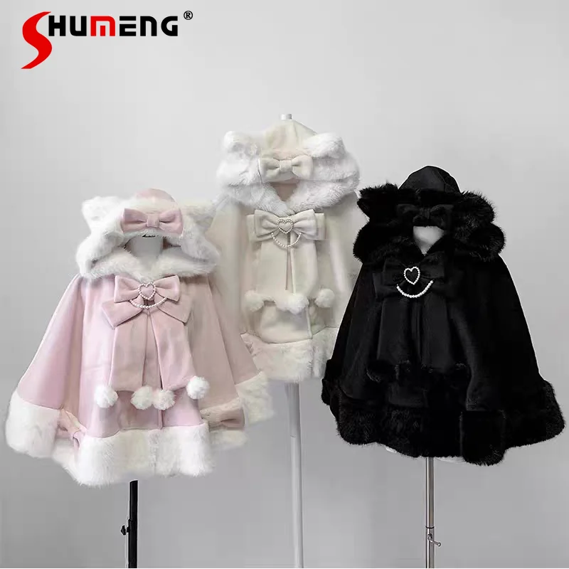 Lolita Hooded Cloak for Women Girls Cute Bow Pearl Chain Cape Shawl Japanese-style Mine Mass-Produced Poncho Autumn and Winter
Lolita Hooded Cloak for Women Girls Cute Bow Pearl Chain Cape Shawl Japanese-style Mine Mass-Produced Poncho Autumn and Winter