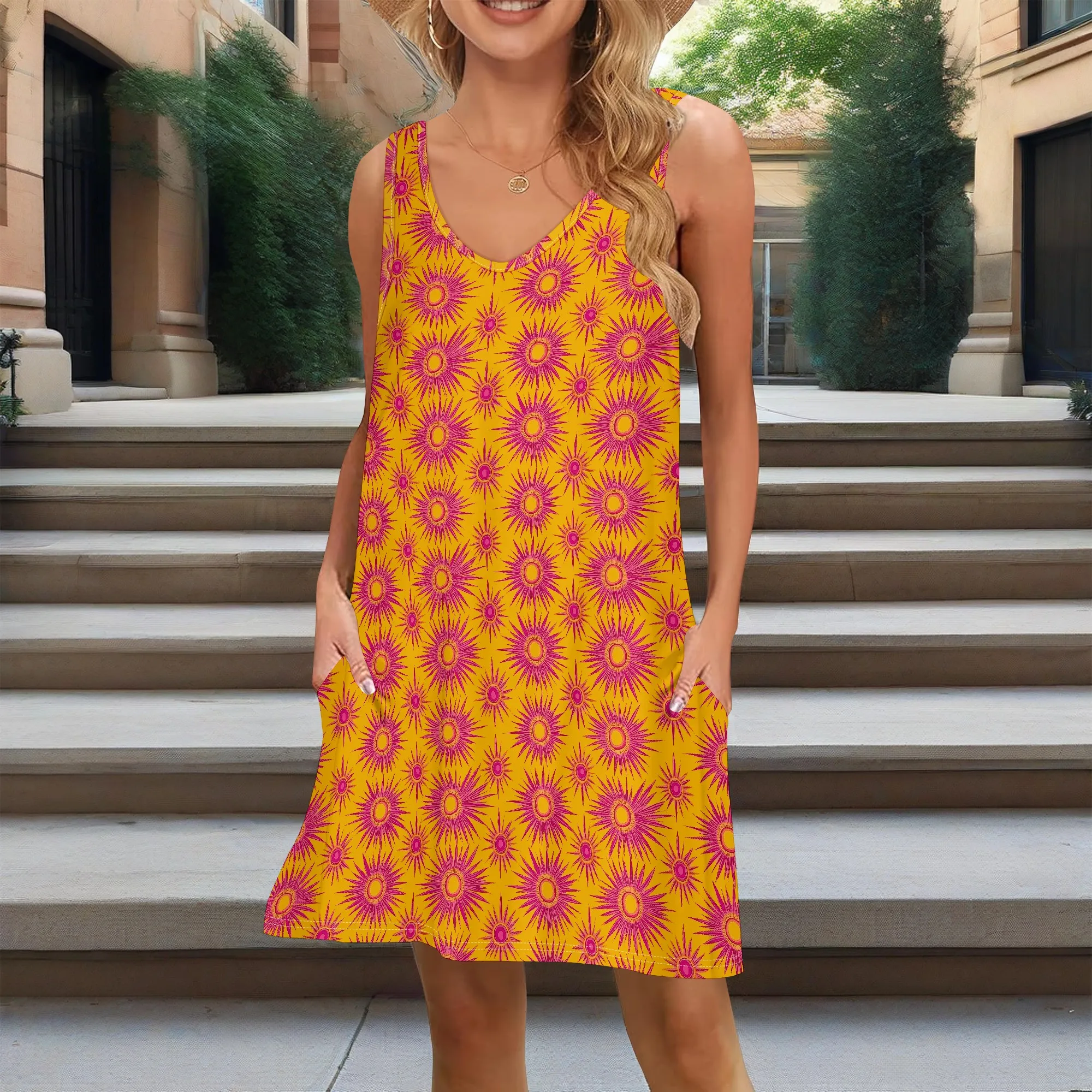 Bold African Sun Print Dress XS-2XL Sleeveless V-Neck Look for Juneteenth or Heritage Festival
Bold African Sun Print Dress XS-2XL Sleeveless V-Neck Look for Juneteenth or Heritage Festival